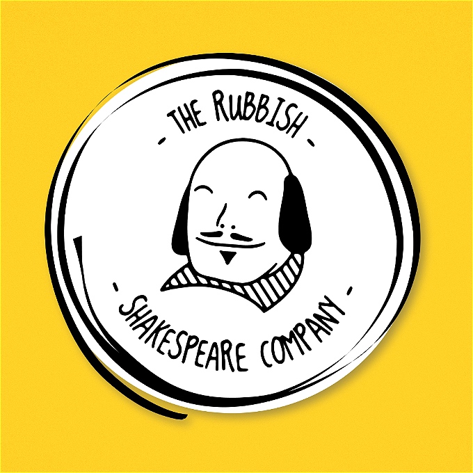 The Rubbish Shakespeare Company logo. A cartoon version of Shakespeare's head circled in ink on a yellow background